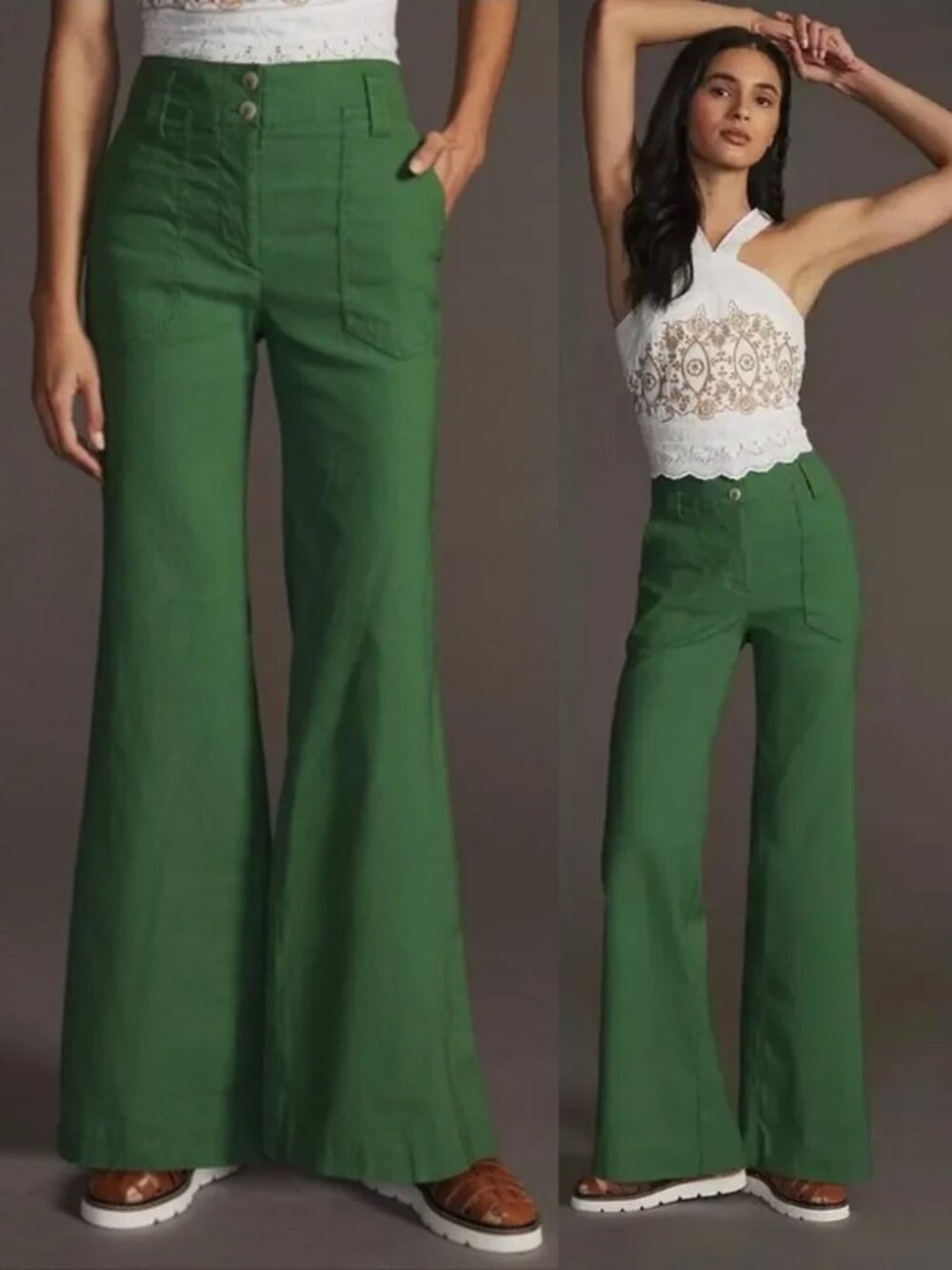 Maeve By Anthropologie The Naomi Wide-Leg Flare Pants 4 Trouser Stretch Green